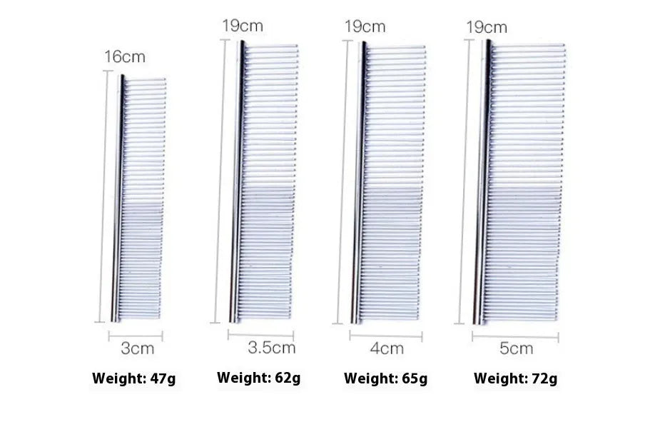 Silver stainless steel straight pet comb for cats and dogs, available in multiple sizes, with metal teeth and a solid handle.