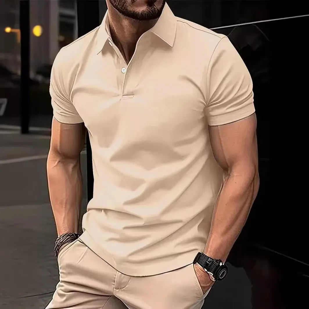 Men's slim fit cotton blend short sleeve button-up shirt on a hanger, shown in a solid colour.