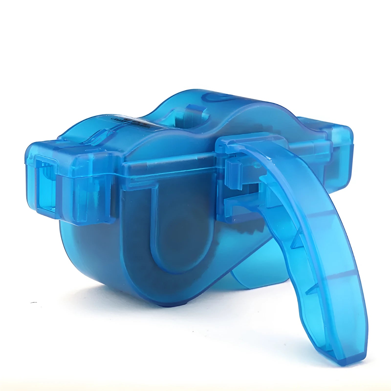 Blue plastic bicycle chain cleaning washer set with brushes on a bike chain