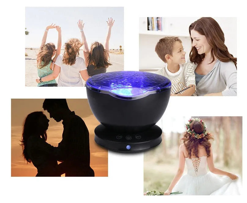 Ocean wave projector LED night light in white and blue with remote control