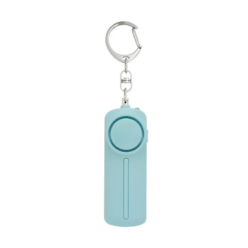 Compact pink personal safety alarm with keyring, showing dimensions and LED light.