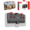 Black mobile phone game trigger handle bracket showing adjustable sliding trigger and telescopic fixing clip.