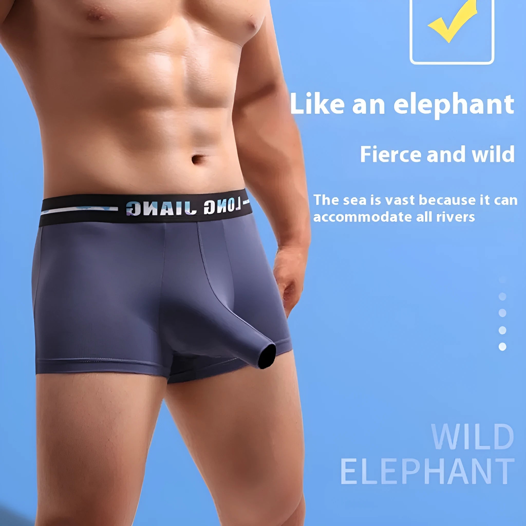 Men's solid colour Ice Silk trunk open boxers showing mid-waist fit and lightweight fabric texture
