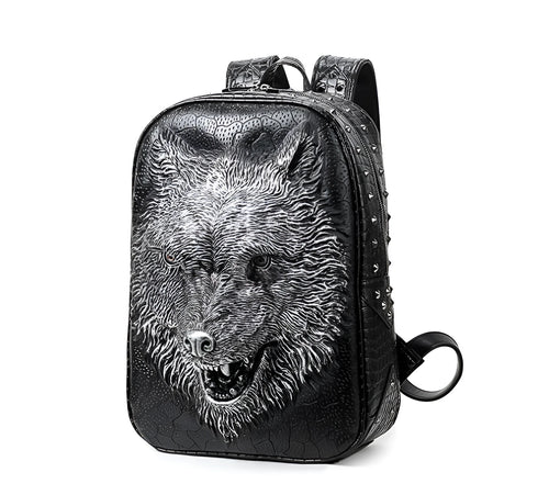 3D wolf head PU leather backpack in black with rivet details, large capacity, side view