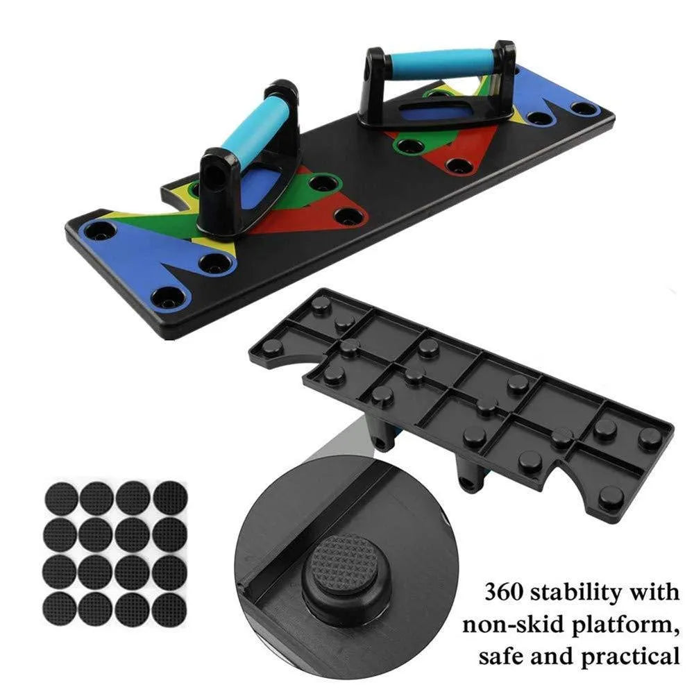9 in 1 push up rack training board with colour-coded chest, shoulders, back, and triceps zones, leather mat, and two foam handbars
