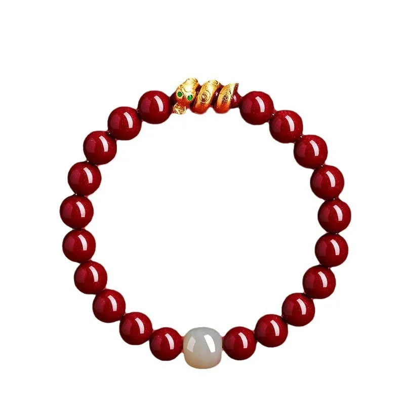 Handmade Chinese cinnabar Snake zodiac bracelet with roll snake beads in 6mm or 8mm sizes.