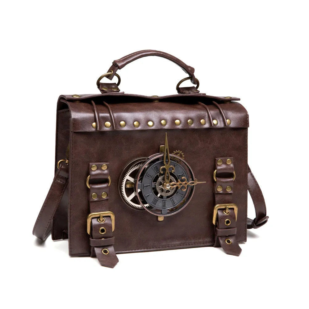 Bronze steampunk shoulder bag with industrial retro styling and horizontal square shape
