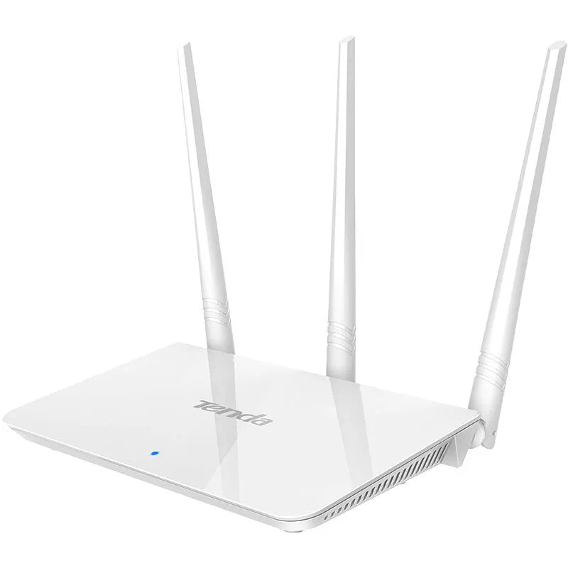 Tengda F3 white wireless router for 108Mbps broadband with VPN support on a desk