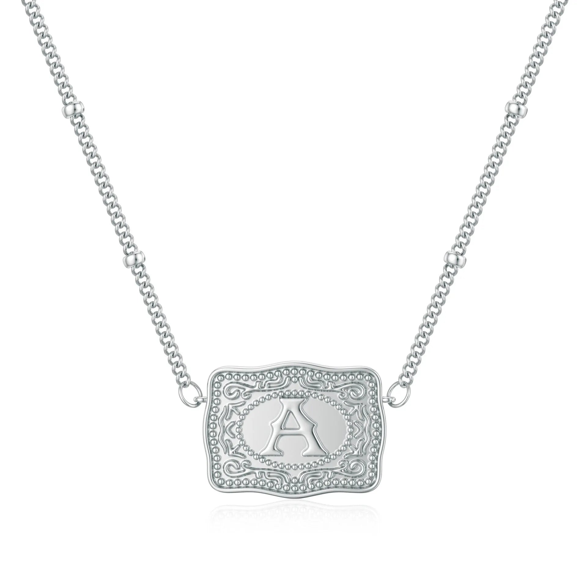 Copper letter necklace showing gold and white K electroplated finishes with alphabet charms