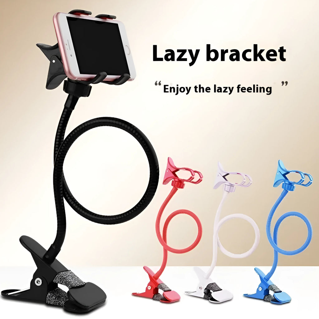 Metal lazy stand gadget with phone clip in black on a desk showing 95cm height and rotary head