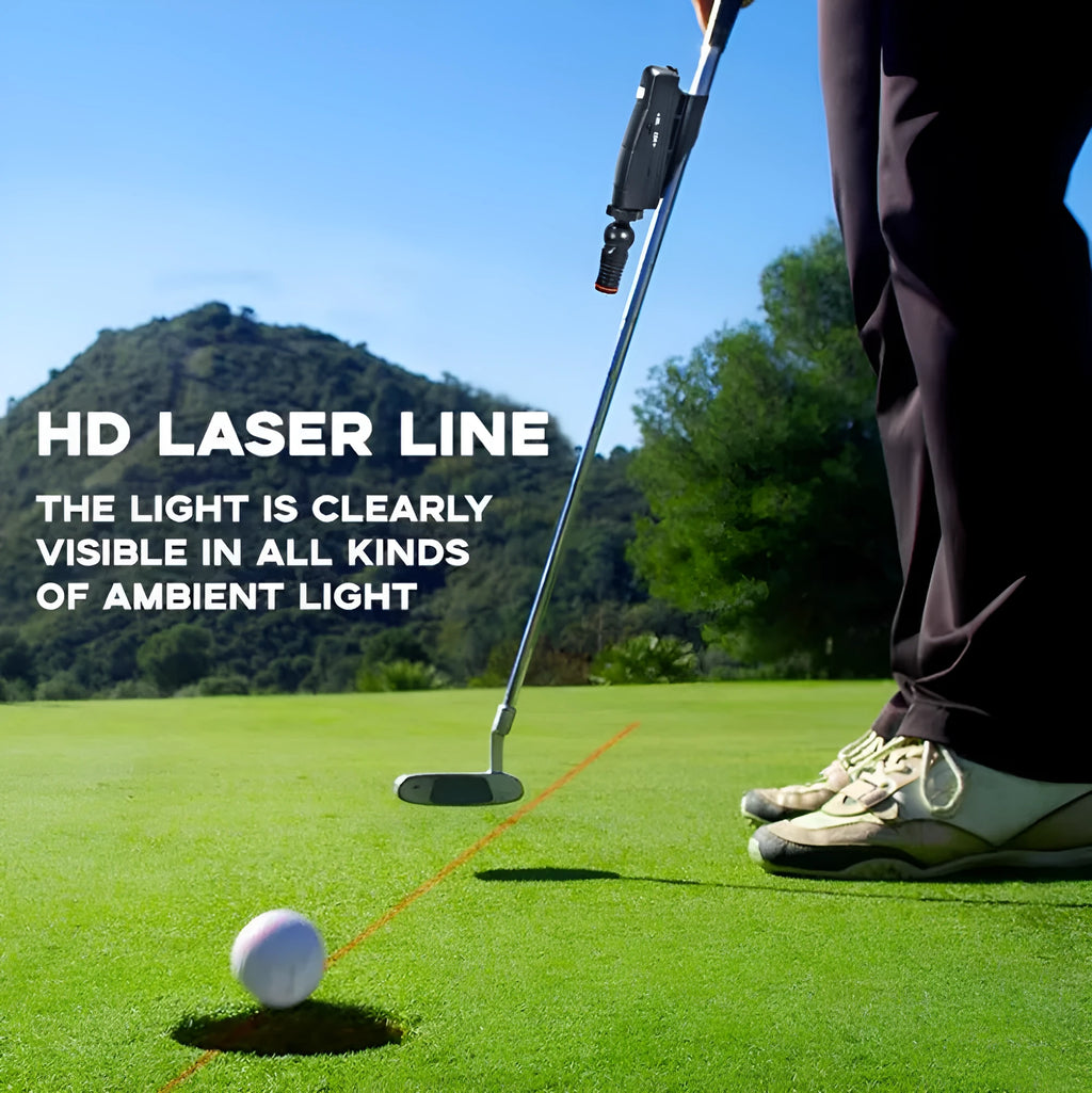 Black golf putter laser aiming sight accessory for putting alignment practice.
