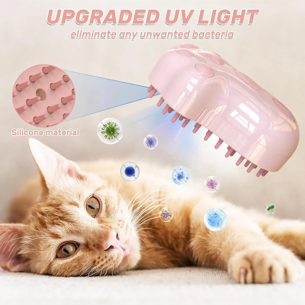Self-cleaning cat steam brush with silicone head and release button in blue, green or pink