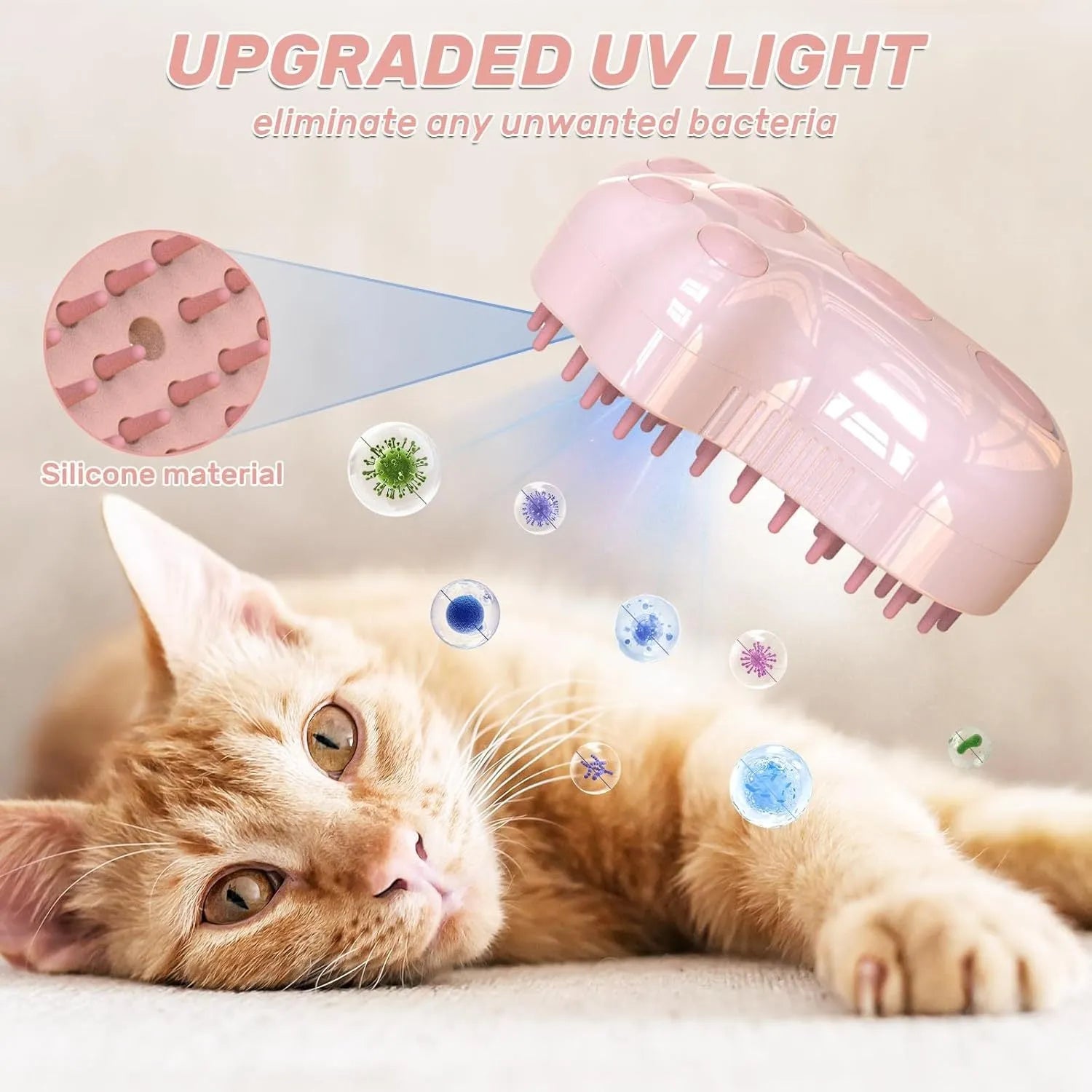 Self-cleaning cat steam brush with silicone head and release button in blue, green or pink