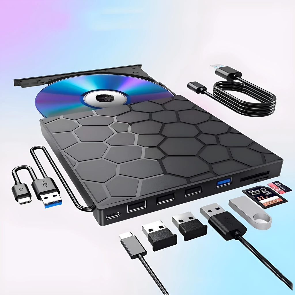 Black external USB CD/DVD drive with compact rectangular design on desktop