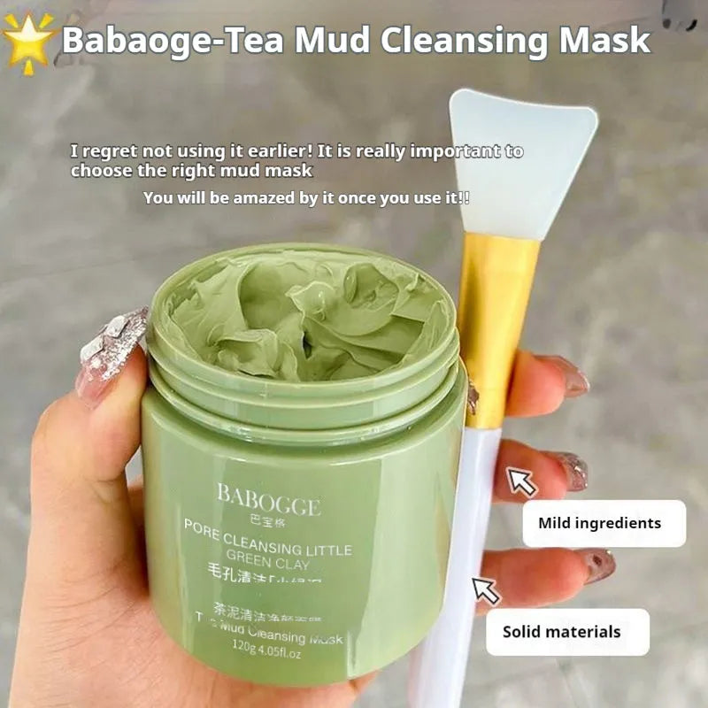 Tea mud cleansing clay mask in 120g container with dry daub applicator