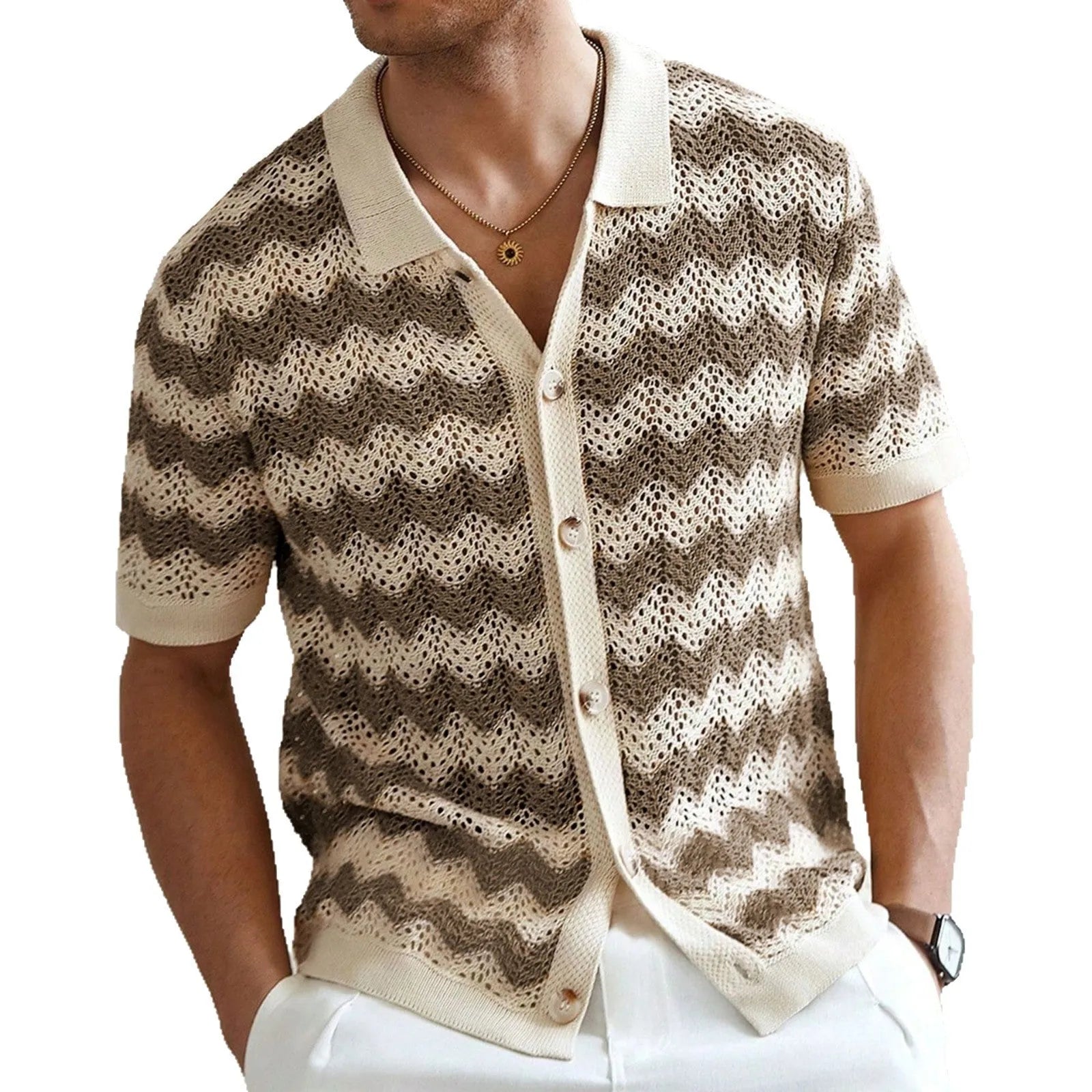 Men's American-style hollow jacquard corrugated short sleeve sweater in yellow, blue or brown with textured flocking design