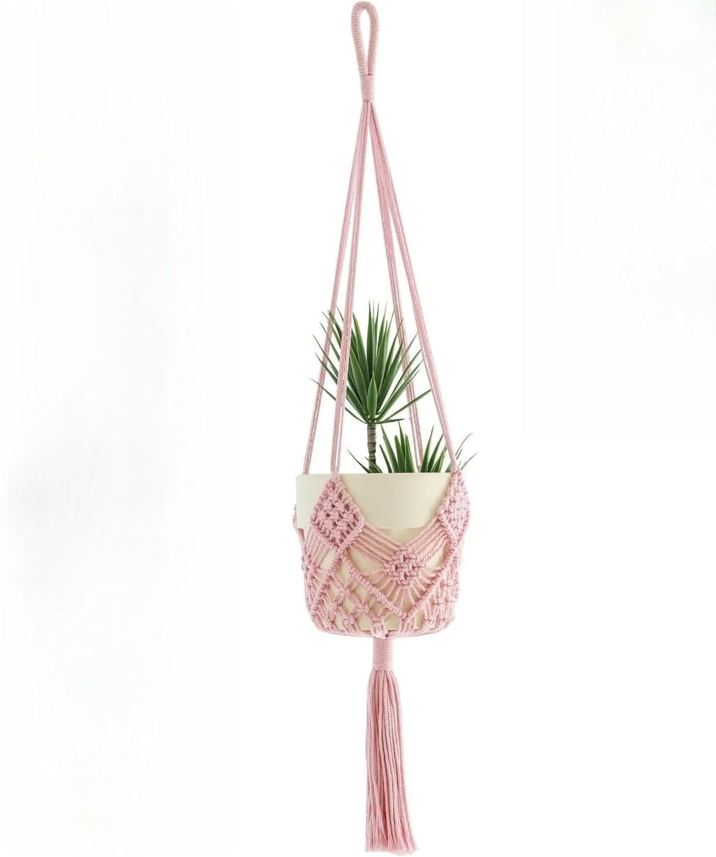 Hand-woven brown polyester cotton flower pot with net pocket cord holding a green plant.