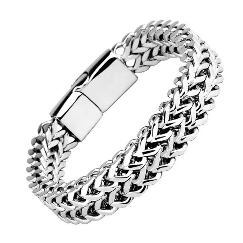 Men's silver stainless steel geometric bracelet with 4x8mm or 5x10mm bead options
