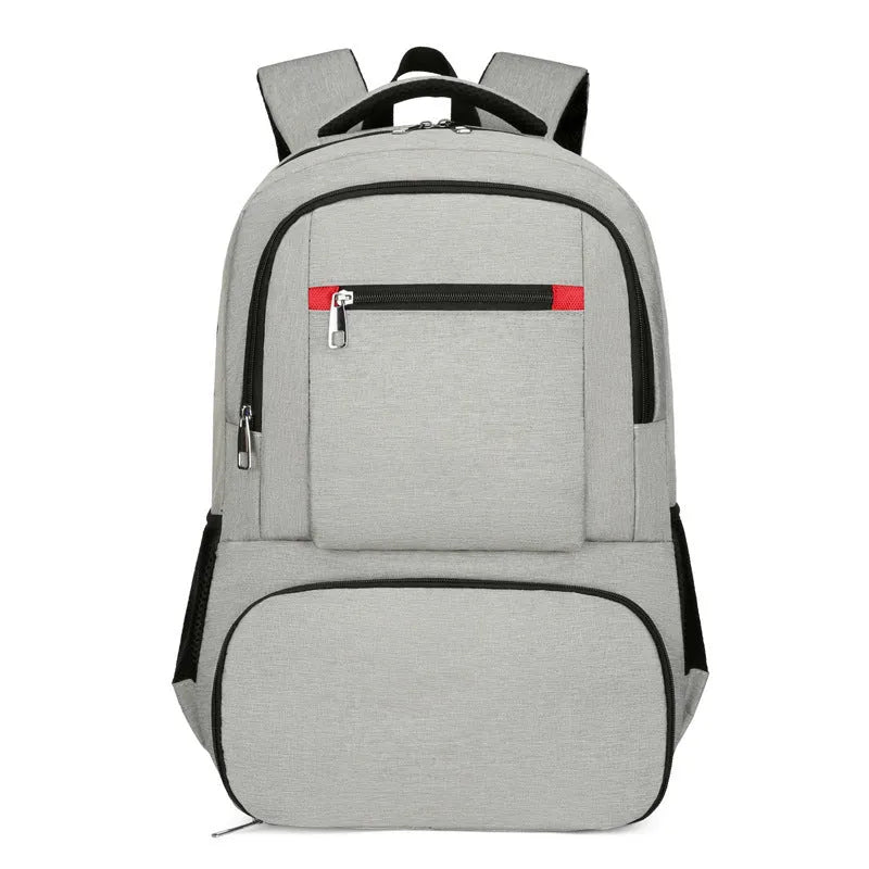 Light grey insulated Oxford cloth backpack with curved shoulder straps, showing dry wet separation compartments.