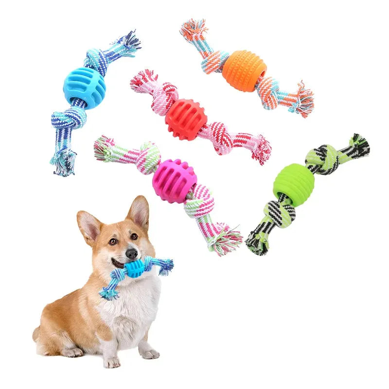 Cotton rope double knot ball dog toy in five colours for chewing and teeth cleaning