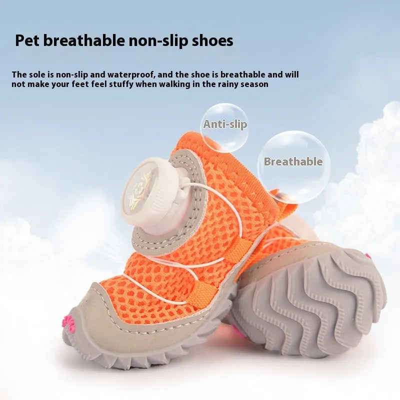Small dog wearing soft Oxford sole non-slip shoes in blue, side view showing thin bottom