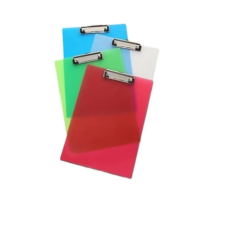 A4 transparent plate clipboard with metal clip, shown in blue colour on a desk with paper.