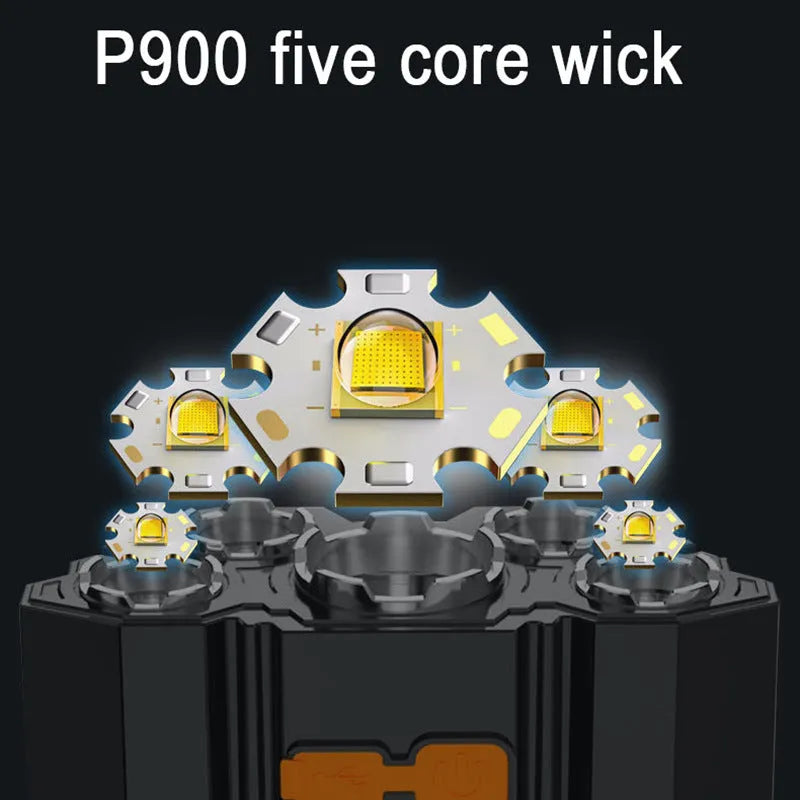 Super bright 10W LED miner's head lamp with adjustable strap and charging cable on colour box