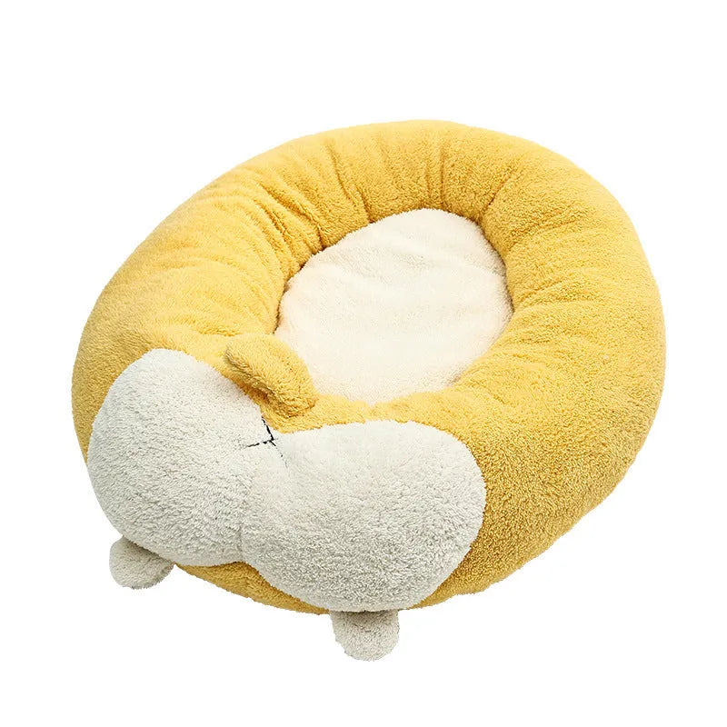 A soft plush corgi-shaped pet bed for dogs or cats, shown in three available sizes.