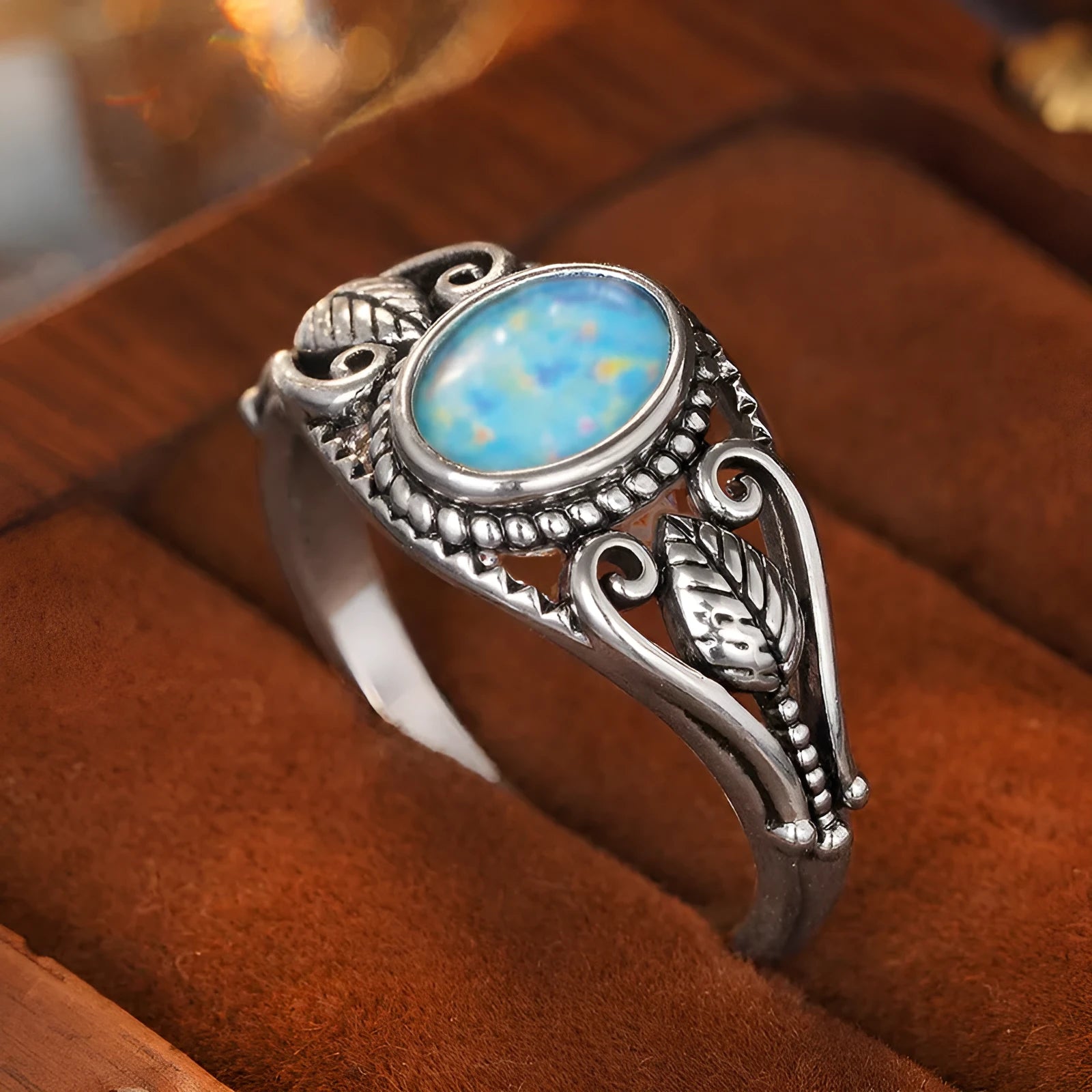 Women's retro distressed metal leaf ring in antique silver copper finish