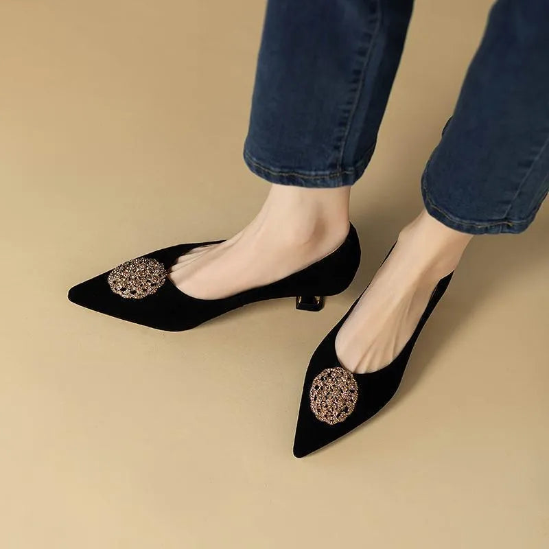 Women's stiletto pointed-toe shoes French style black suede wear-resistant rubber sole shallow mouth