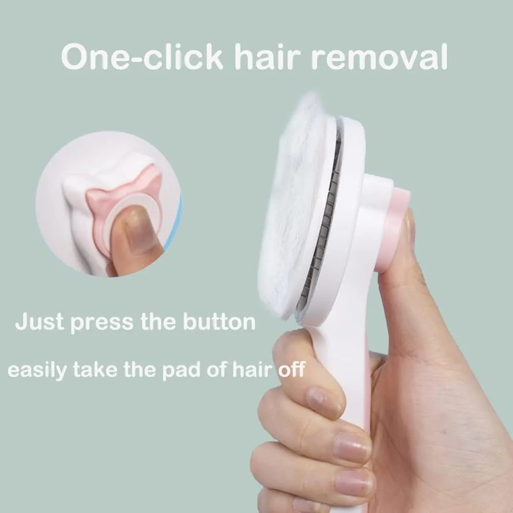 Self-cleaning cat brush with one-touch button for fur removal, available in blue grey pink colours