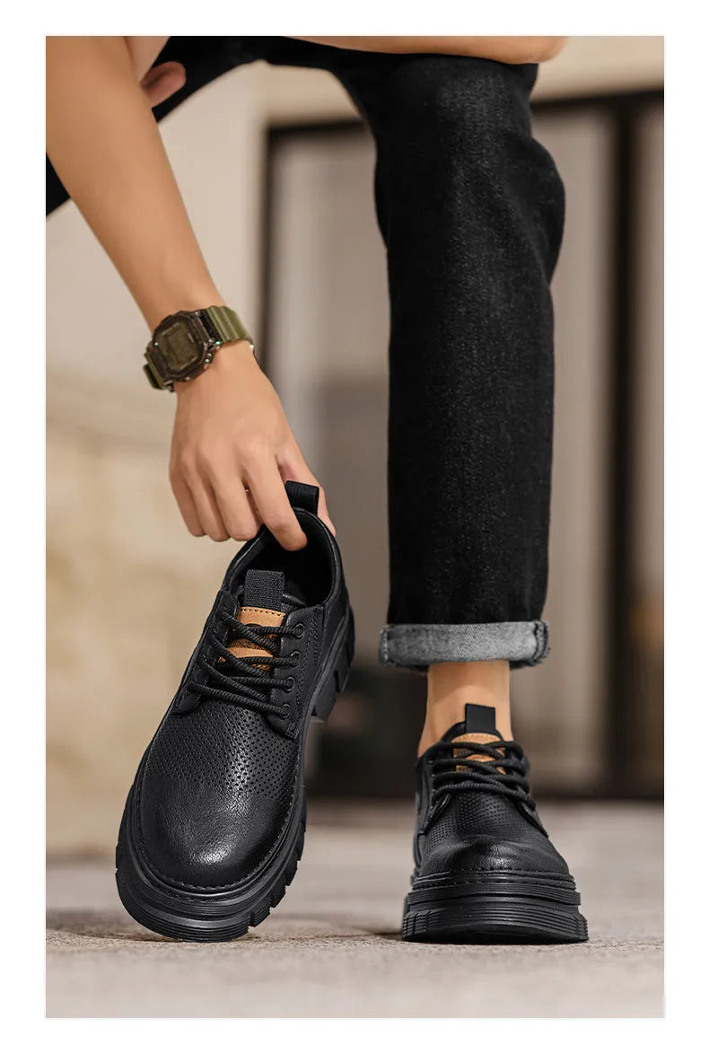 Leather lace-up work casual shoes in black and brown with low heel and rubber sole