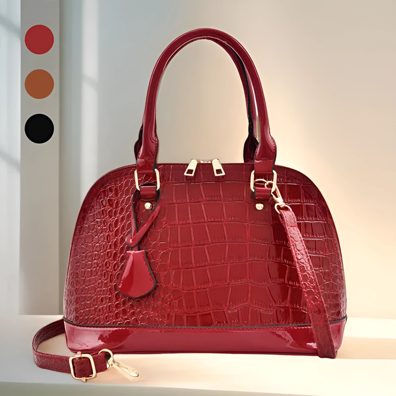 Black shiny PU crossbody bag with shell shape, showing size and polyester lining.