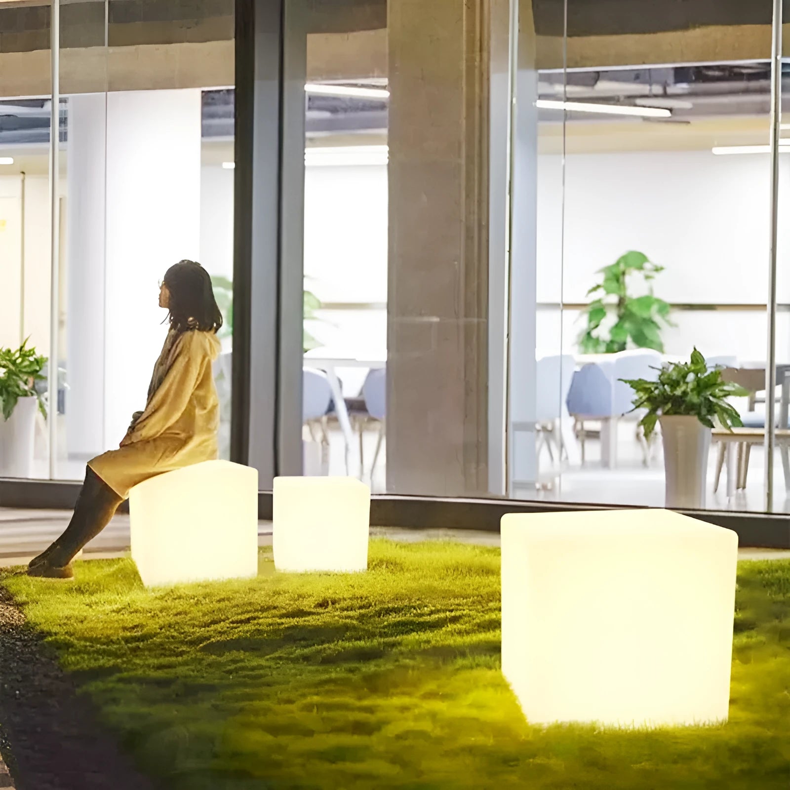 Waterproof LED cube stool light in modern square design for outdoor seating and lighting