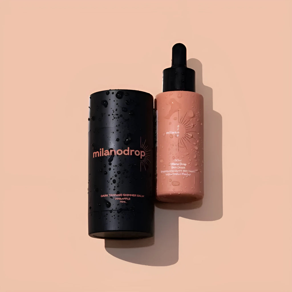 Matte black self-tanning liquid bottle and tanning flash cream tube for body care.