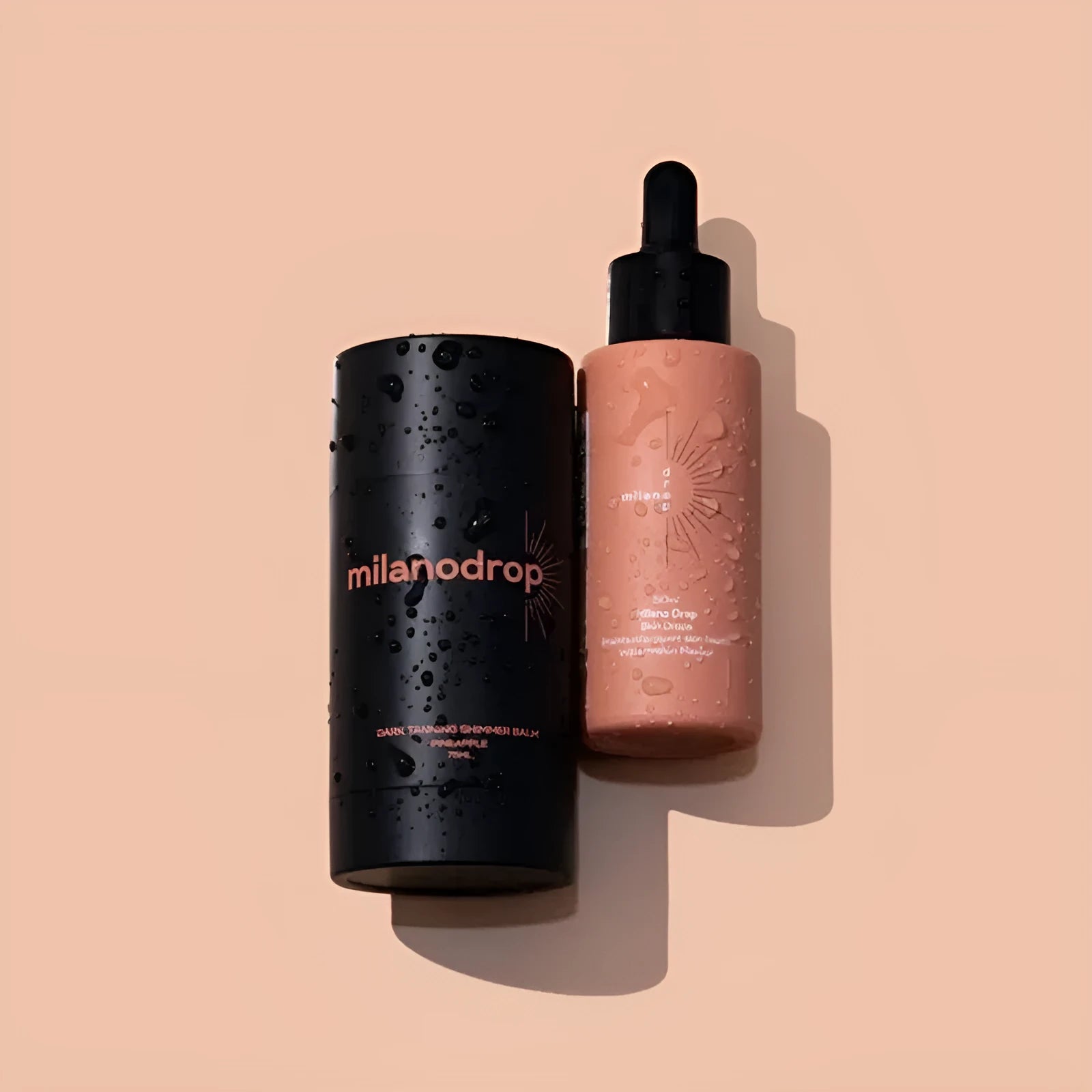 Matte black self-tanning liquid bottle and tanning flash cream tube for body care.