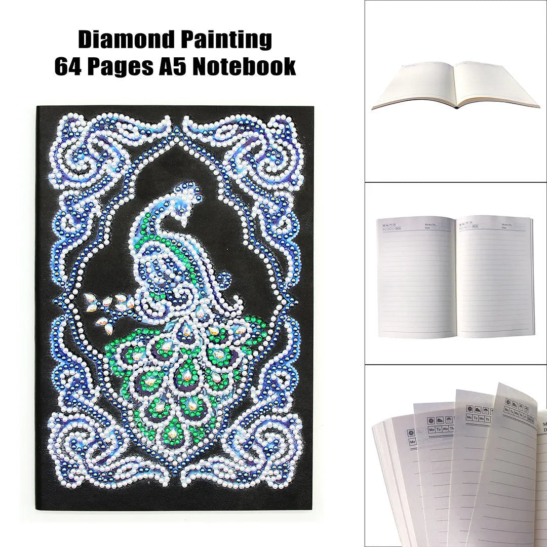 Peacock diamond painting decorative A5 journal notebook with black cover