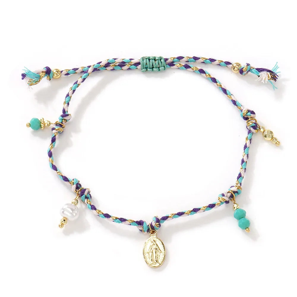 Colourful hand-woven braided rope bracelet with carrying tag in ethnic style for women