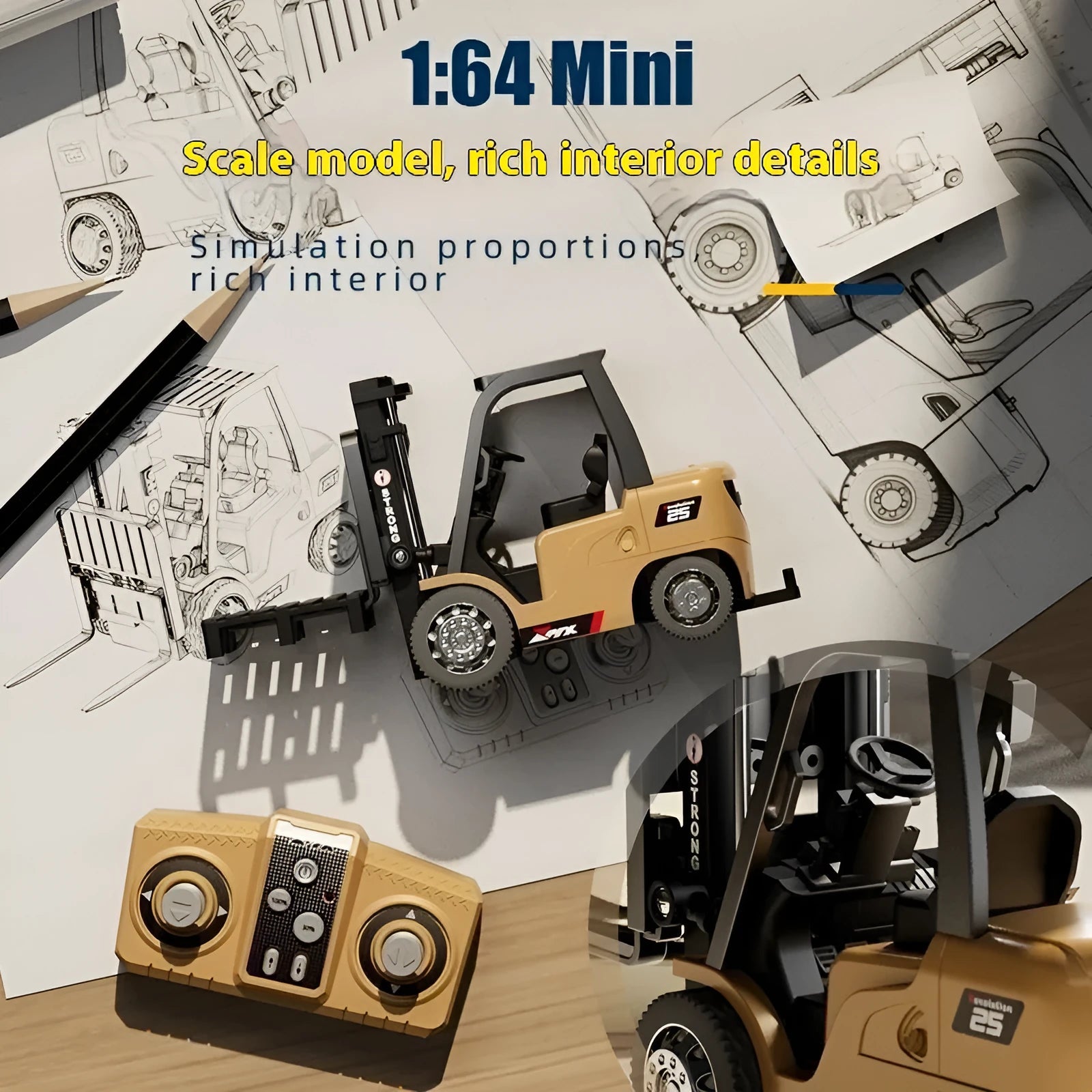 1:64 scale mini alloy forklift remote control toy with cargo accessories on display