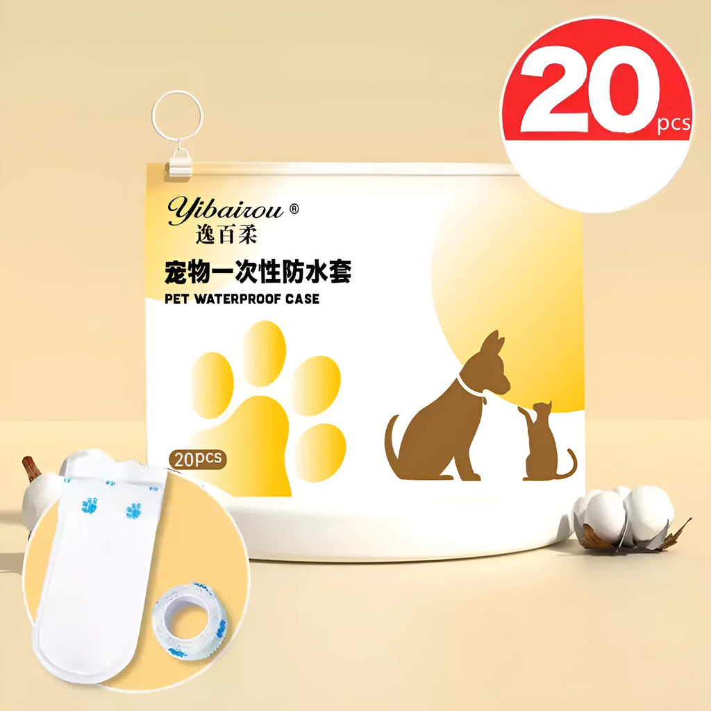 Pack of 20 white disposable waterproof shoe covers for small and medium dogs on a non-slip surface.