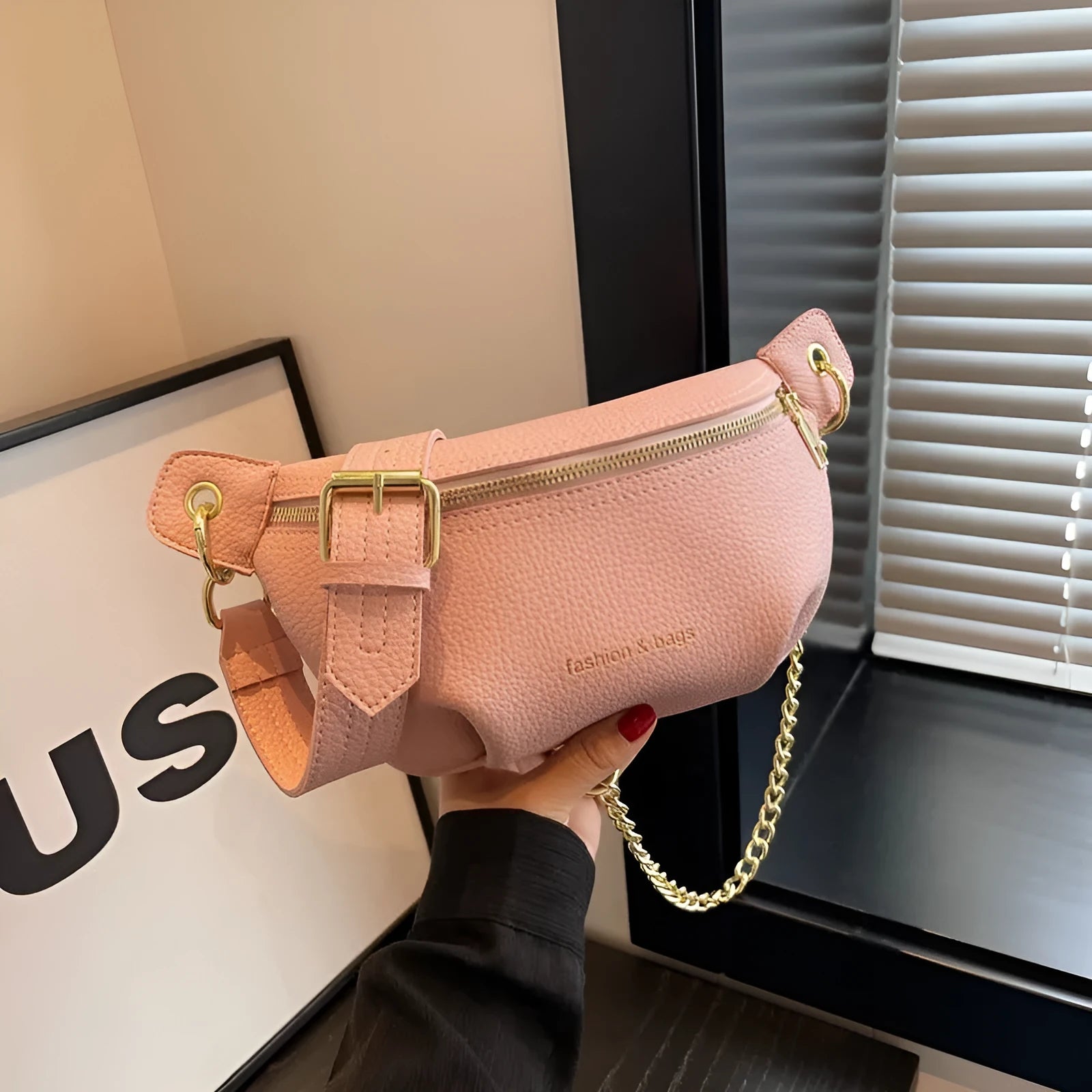 PU waist bag with splicing design in black, pink, and white colour options for daily wear