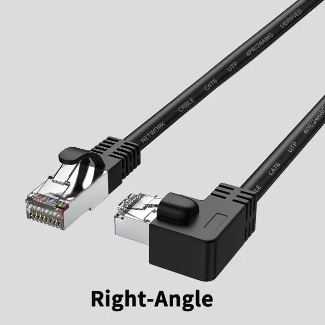 Cat6 Ethernet cable with right-angled RJ45 connector in various colours and lengths