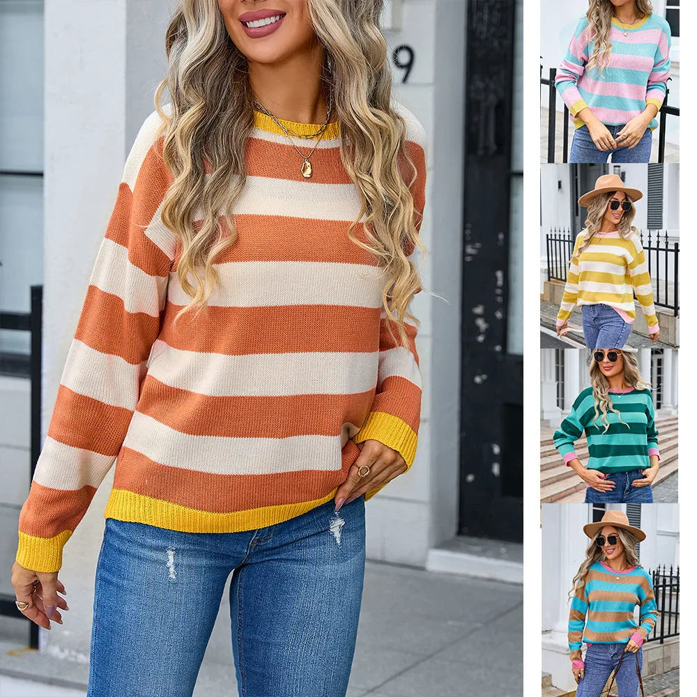 Women's loose fit acrylic sweater with long sleeves in striped or plaid pattern, colours: khaki, yellow, orange, pink, blue.