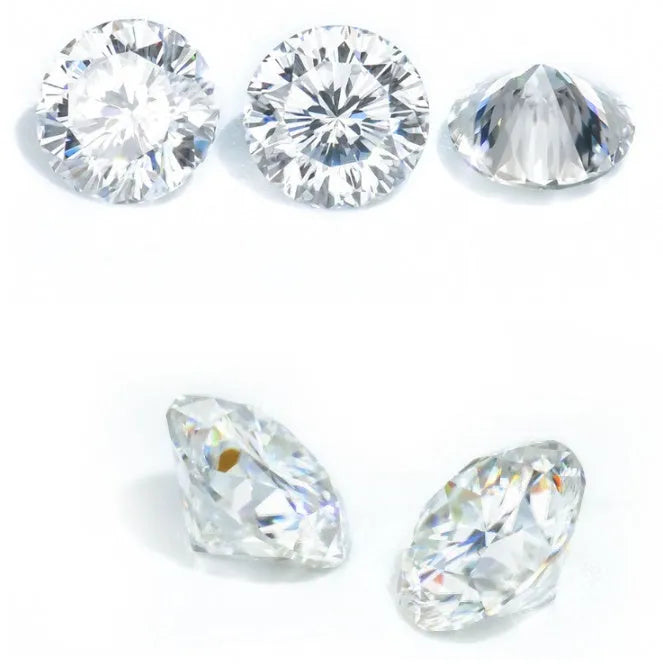 Round moissanite gemstone with eight hearts and eight arrows facet pattern on a white background.