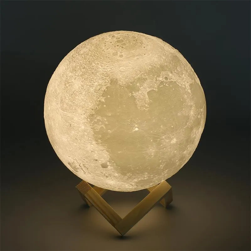 3D printed moon lamp with touch metal ring control on wooden stand, showing white and yellow light settings