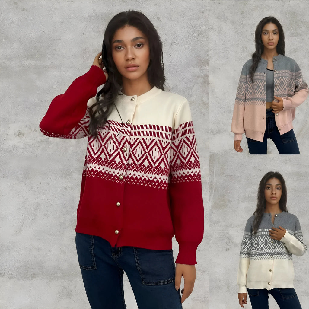 Women's alpaca wool cardigan with contrast colour diamond pattern showing long sleeves and street fashion styling