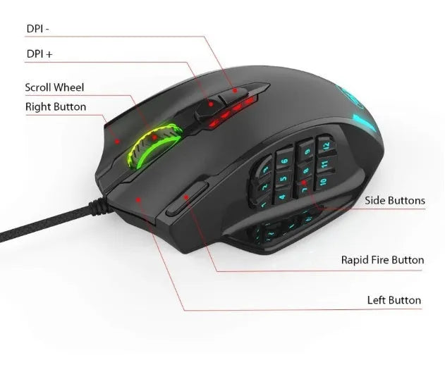 Redragon M908 black one-hander gaming mouse with ergonomic contour and adjustable weight system