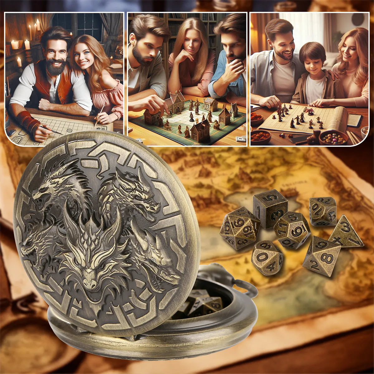 Steampunk pocket watch shaped dice set open revealing 7 polyhedral dice in zinc alloy bronze finish on dark background