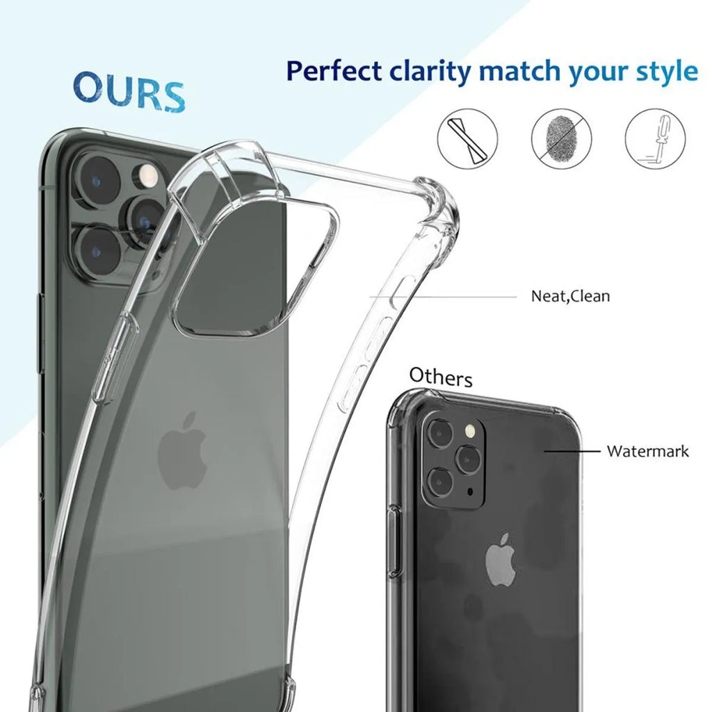 Clear transparent TPU shockproof protective case for Apple iPhone, showing phone model compatibility list.