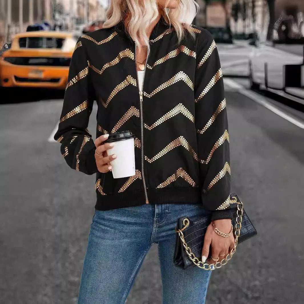 Women's black polyester spring jacket with zigzag gold print, conventional long sleeves, front view